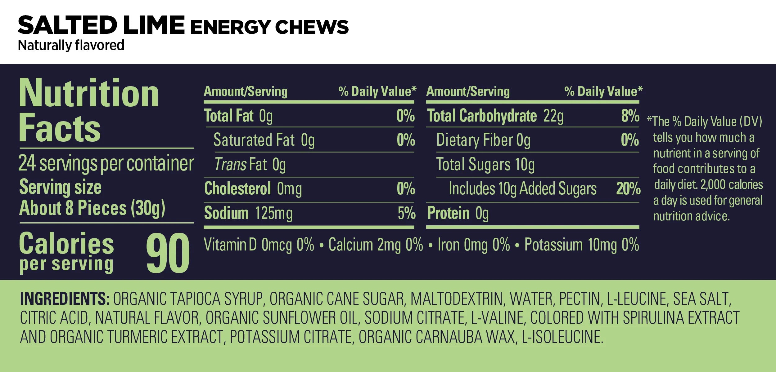 Energy Chews Salted Lime by GU Energy in green packaging, electrolyte and amino acid nutrition for sustained energy during activities