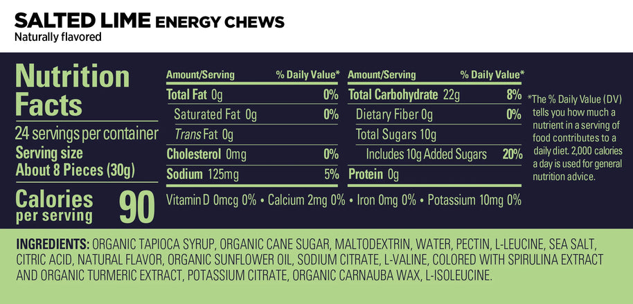 Energy Chews Salted Lime by GU Energy in green packaging, electrolyte and amino acid nutrition for sustained energy during activities