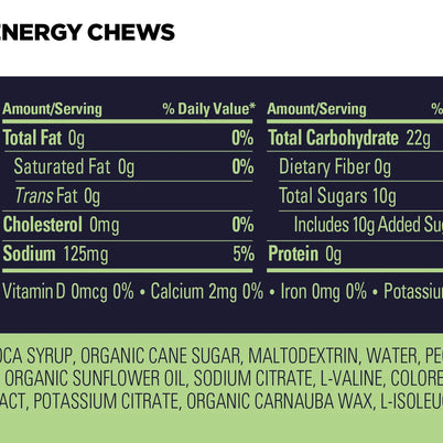 Energy Chews Salted Lime by GU Energy in green packaging, electrolyte and amino acid nutrition for sustained energy during activities