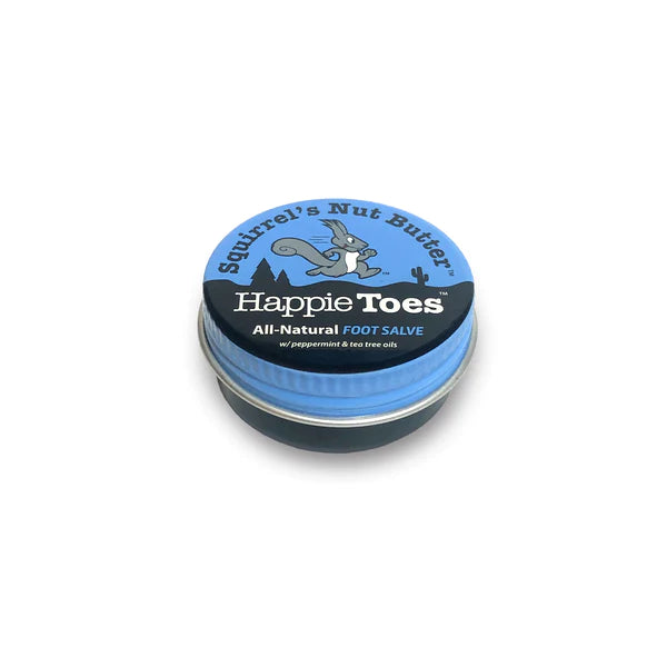 Happie Toes Blend (Metal Tin) by Squirrel's Nut Butter in blue recyclable container, all-natural foot salve for restoring damaged skin