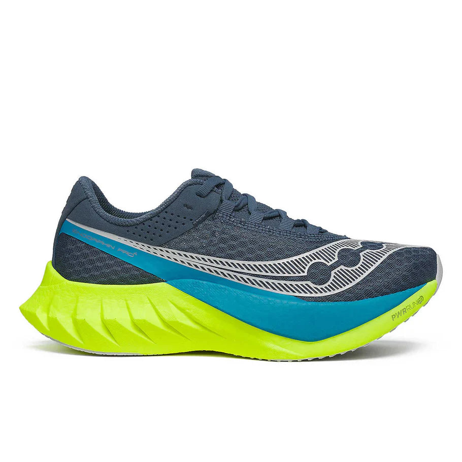 Endorphin PRO 4 - Women by Saucony in blue and neon yellow, responsive road running shoe designed for long-distance performance