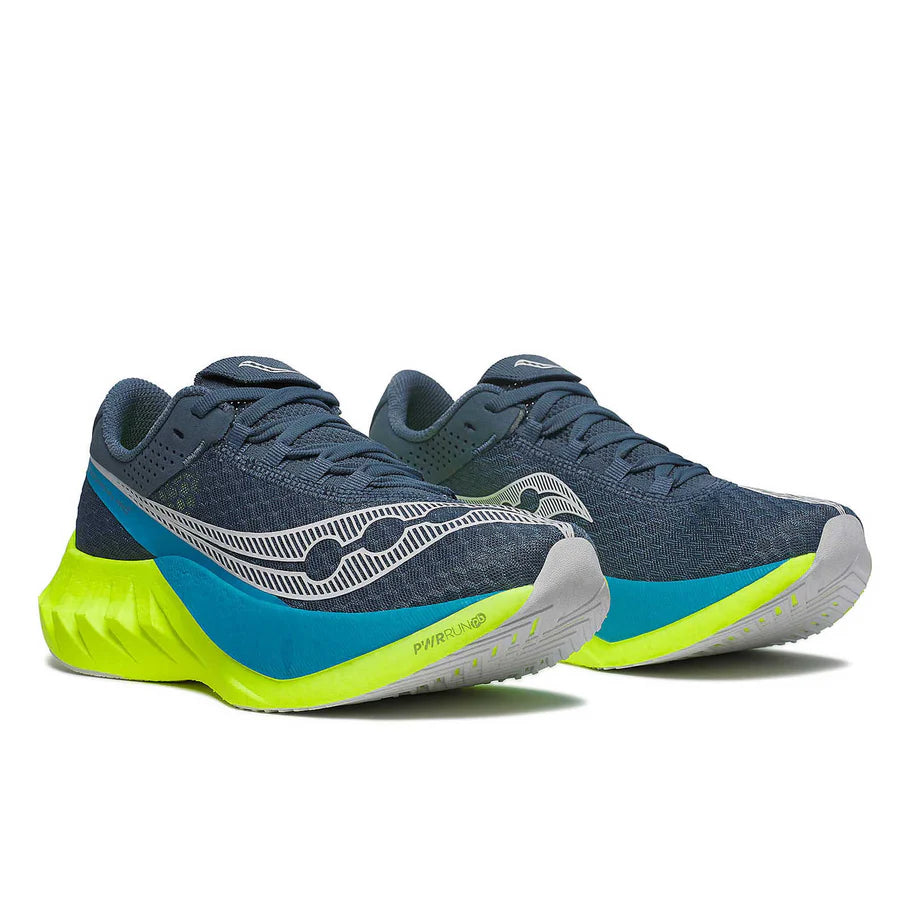 Endorphin PRO 4 - Women by Saucony in navy blue and neon yellow, responsive road running shoe designed for long-distance performance