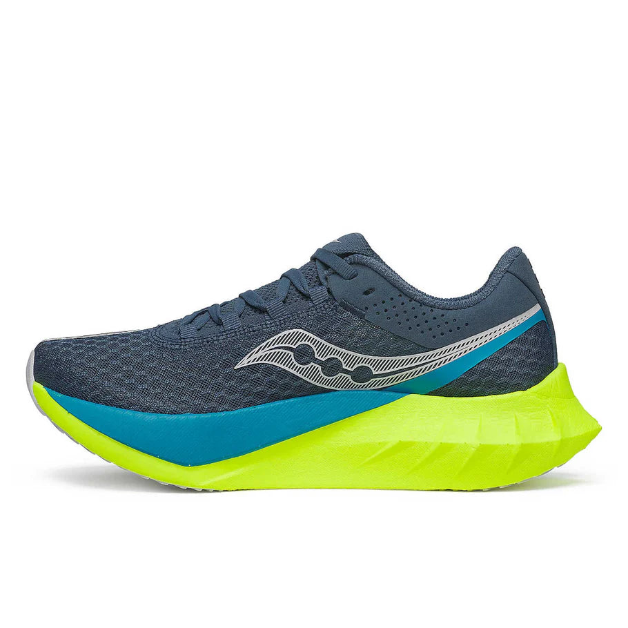 Endorphin PRO 4 - Women by Saucony in navy, blue, and neon yellow, responsive road running shoes for long-distance performance