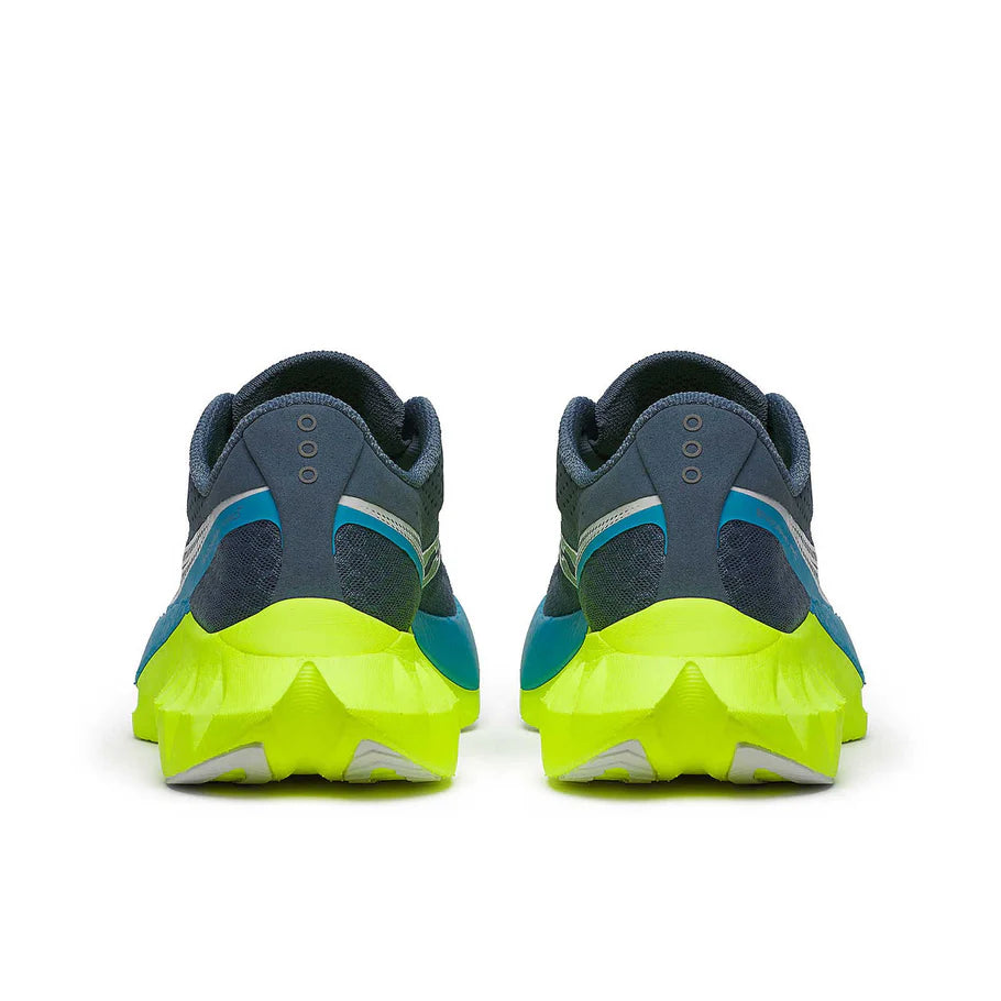 Endorphin PRO 4 - Women by Saucony in navy and neon yellow, responsive road running shoe designed for long-distance performance