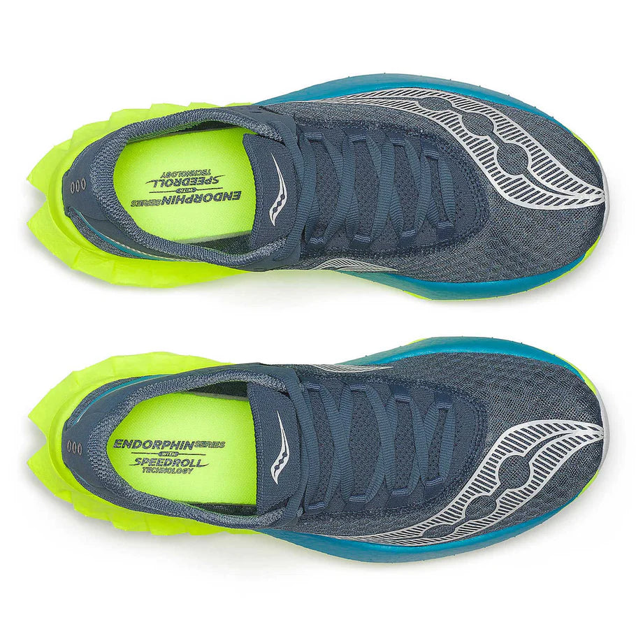 Endorphin PRO 4 - Women by Saucony in blue and neon green, responsive road running shoes ideal for long-distance performance