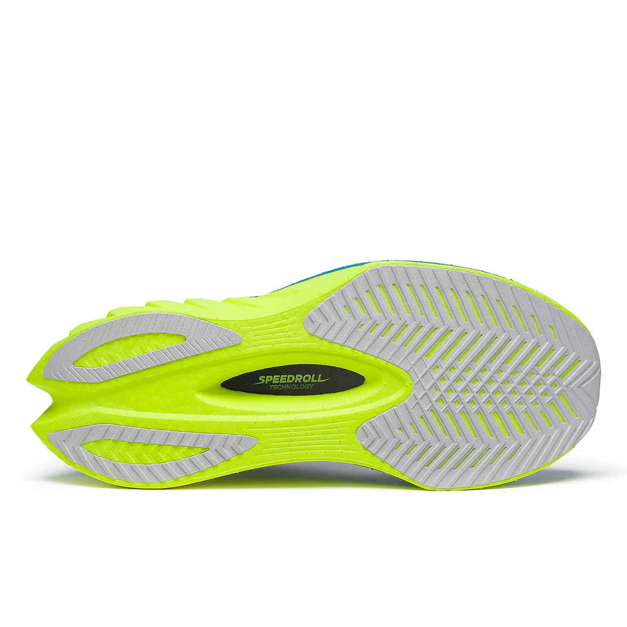 Endorphin PRO 4 - Women by Saucony in neon yellow and grey, responsive road running shoes with Speedroll technology for long-distance performance