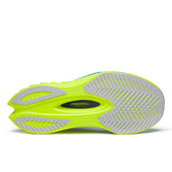 Endorphin PRO 4 - Women by Saucony in neon yellow and grey, responsive road running shoes with Speedroll technology for long-distance performance