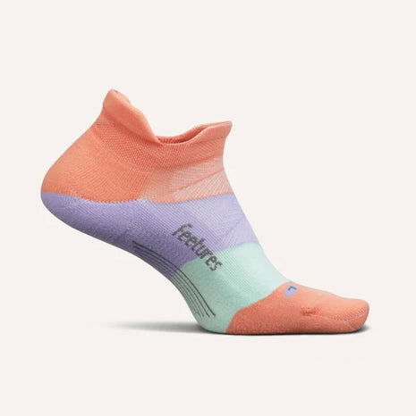 Elite Ultra Light Cushion No Show Tab - 2023 by Feetures in peach, lavender, and mint with anatomical design for running and active use