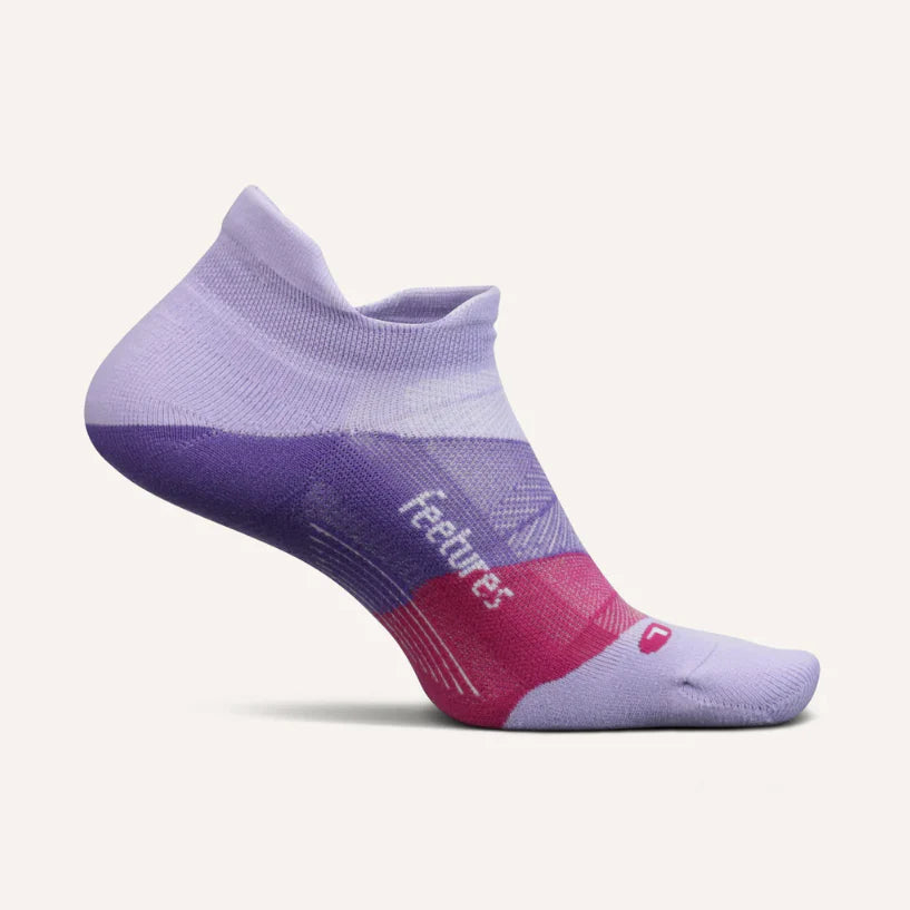 Elite Ultra Light Cushion No Show Tab - 2023 by Feetures in purple and pink, lightweight cushioned running sock with anatomical design for long-distance running