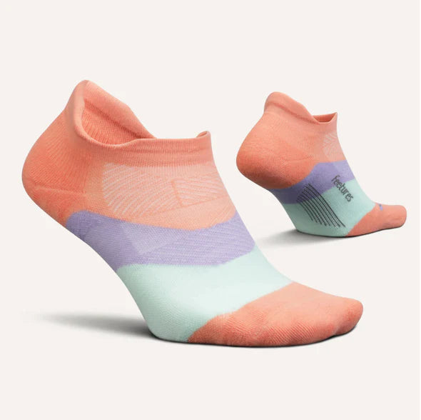Elite Ultra Light Cushion No Show Tab - 2023 by Feetures in coral, lavender, and mint with anatomical design for running comfort and support