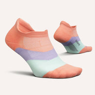 Elite Ultra Light Cushion No Show Tab - 2023 by Feetures in coral, lavender, and mint with anatomical design for running comfort and support