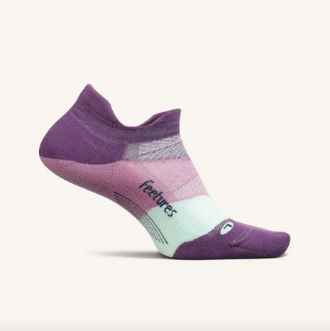 Elite Ultra Light Cushion No Show Tab - 2023 by Feetures in purple and white, lightweight anatomical running sock with targeted compression for comfort and performance
