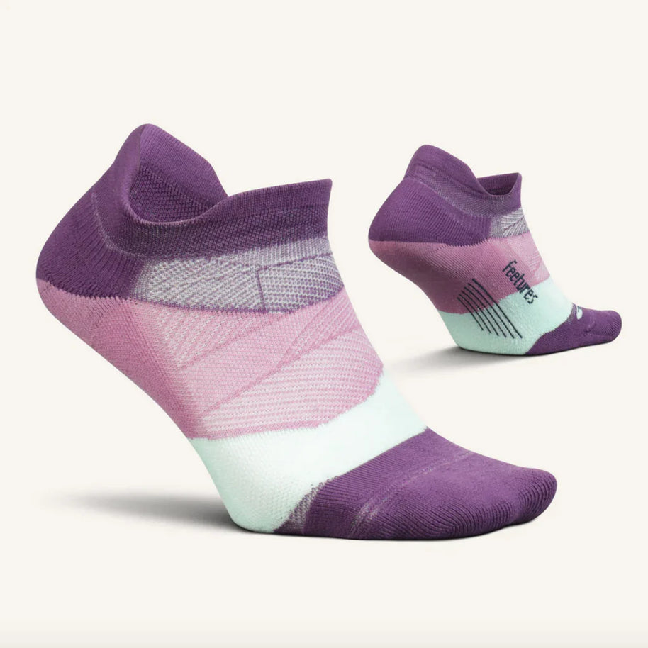 Elite Ultra Light Cushion No Show Tab - 2023 by Feetures in purple pink and white, lightweight running socks with anatomical design and targeted compression