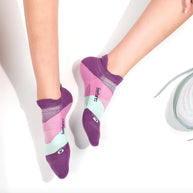 Elite Ultra Light Cushion No Show Tab - 2023 by Feetures in purple and pink, lightweight anatomical socks ideal for running and extra comfort