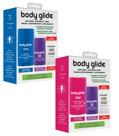 Body Glide Gift Pack in blue and pink by Body Glide, anti chafe and anti blister balms for skin protection and everyday comfort during running and activities