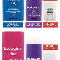 Body Glide Gift Pack in blue, pink, and purple with anti-chafe and anti-blister balms for running and active skin protection by Body Glide