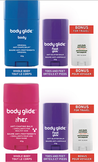 Body Glide Gift Pack in blue, pink, and purple with anti-chafe and anti-blister balms for running and active skin protection by Body Glide