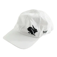Elite Hat by Rabbit in white with black logo, lightweight wicking cap with ventilated laser-cut vents for sun and gear protection