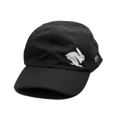 Elite Hat by Rabbit in black with baseball cap bill, laser-cut vents, lightweight wicking fabric for sun protection and ventilation
