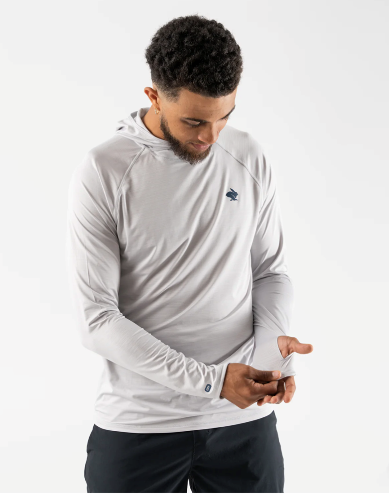 UPF Deflector 2.0 - Men by Rabbit in light grey with UPF 50 sun protection, lightweight jersey, laser-cut ventilation, and scuba-style hood for running outdoors