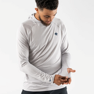 UPF Deflector 2.0 - Men by Rabbit in light grey with UPF 50 sun protection, lightweight jersey, laser-cut ventilation, and scuba-style hood for running outdoors