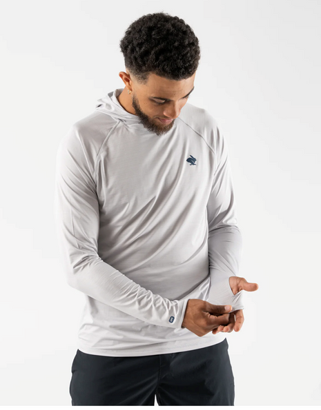 UPF Deflector 2.0 - Men by Rabbit in light grey with UPF 50 sun protection, lightweight jersey, laser-cut ventilation, and scuba-style hood for running outdoors