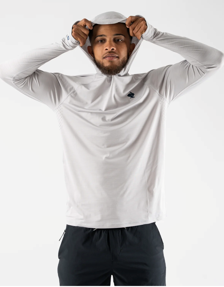UPF Deflector 2.0 - Men by Rabbit in light grey with scuba hood, UPF 50 sun protection, laser-cut ventilation for running and outdoor use