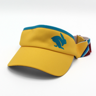 Visor by Rabbit in yellow with blue trim, lightweight moisture-wicking fabric and inner sweatband for running and outdoor use