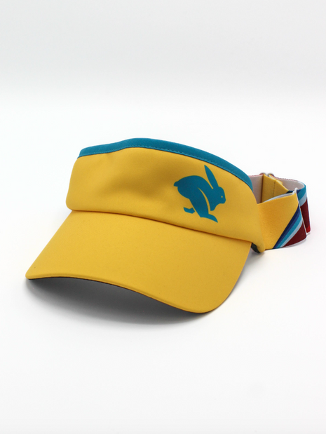 Visor by Rabbit in yellow with blue trim, lightweight moisture-wicking fabric and inner sweatband for running and outdoor use