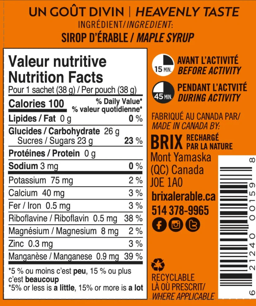 Energy Gel - Maple by Brix in orange packaging with natural maple syrup, Himalayan salt, and fruit for endurance running nutrition