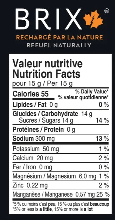 Drink Mix Maple 15g by Brix in black and orange with natural Canadian maple syrup, hydration and electrolyte support for running and outdoor activities