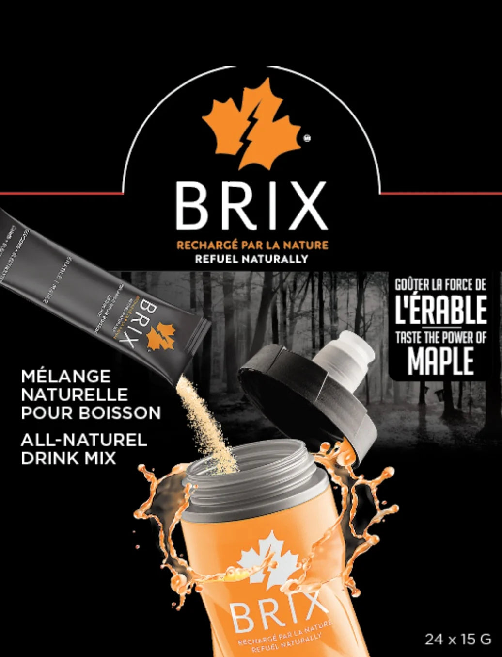 Drink Mix Maple 15g by Brix in orange and black packaging, natural maple flavor drink mix for hydration and electrolytes in Canada