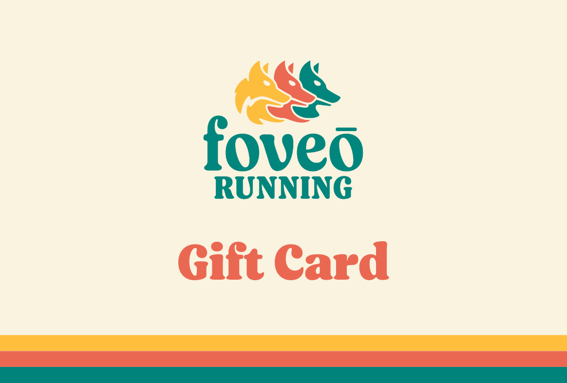 Foveō Running Gift Card in cream with teal and orange logo, redeemable online or instore, ideal for Canada-based running store gifts