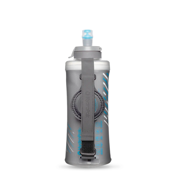 SkyFlask IT Speed 500 ml by Hydrapak in grey and blue, insulated handheld flask with IsoBound technology for keeping water colder longer, ideal for running and hydration.