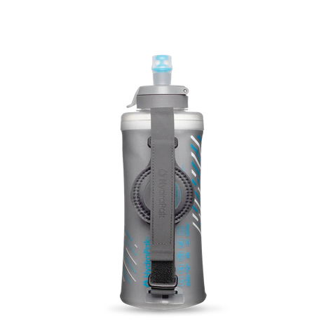 SkyFlask IT Speed 500 ml by Hydrapak in grey and blue, insulated handheld flask with IsoBound technology for keeping water colder longer, ideal for running and hydration.