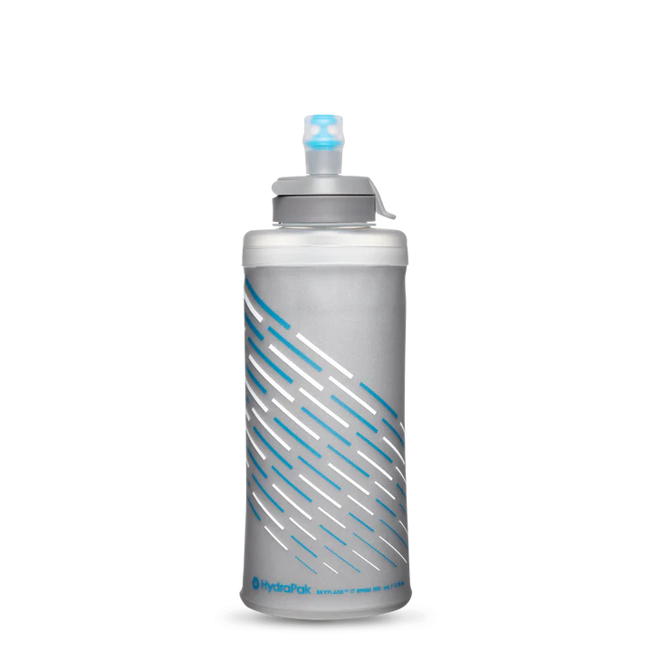 SkyFlask IT Speed 500 ml by Hydrapak in silver and blue, insulated water bottle with IsoBound technology to keep liquids cold longer for hydration and running