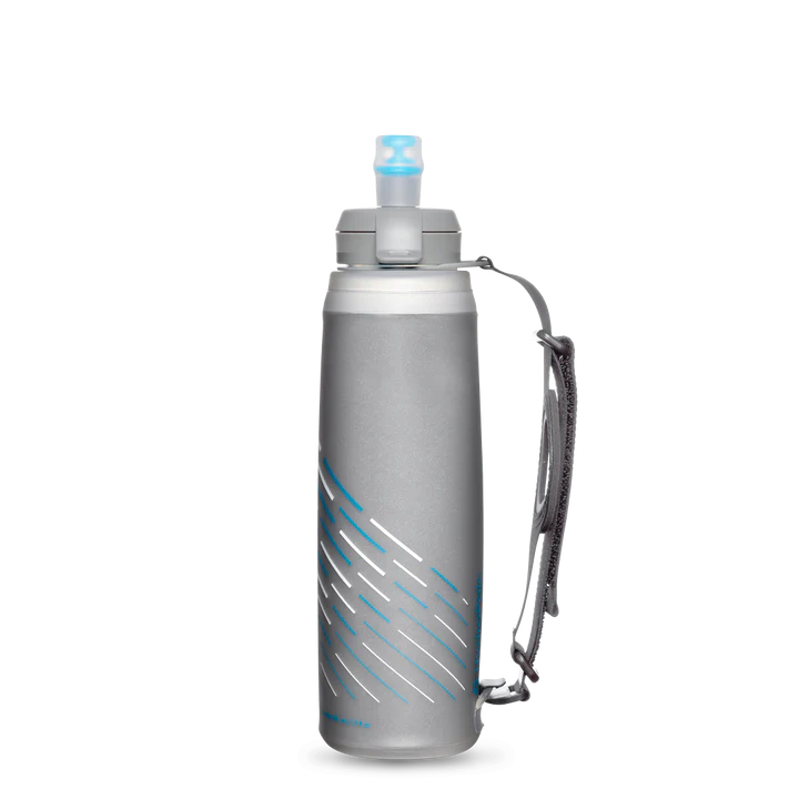 SkyFlask IT Speed 500 ml by Hydrapak in grey with blue accents, insulated handheld bottle with IsoBound technology for cold hydration during running