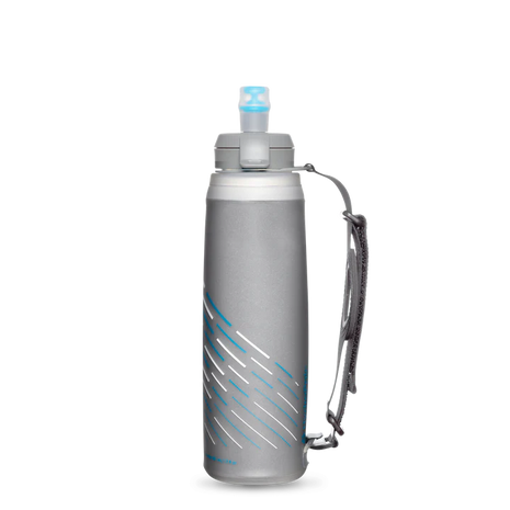 SkyFlask IT Speed 500 ml by Hydrapak in grey with blue accents, insulated handheld bottle with IsoBound technology for cold hydration during running