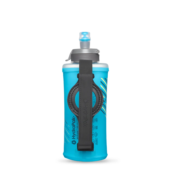 SkyFlask Speed by Hydrapak in blue with thumb loop for secure handheld hydration, designed for runners and outdoor use