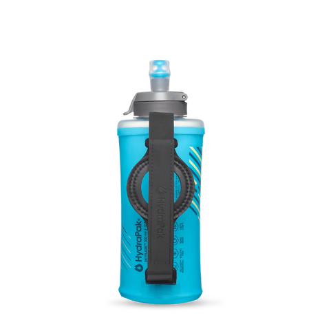 SkyFlask Speed by Hydrapak in blue with thumb loop for secure handheld hydration, designed for runners and outdoor use