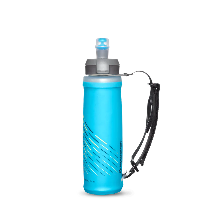 SkyFlask Speed by Hydrapak in blue with thumb loop handheld hydration flask designed for runners to hold securely while running