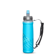 SkyFlask Speed by Hydrapak in blue with thumb loop handheld hydration flask designed for runners to hold securely while running