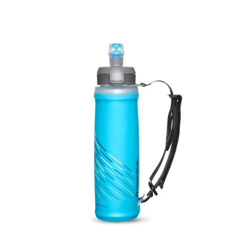 SkyFlask Speed by Hydrapak in blue with thumb loop handheld hydration flask designed for runners to hold securely while running