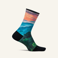 Elite Light Cushion Mini-Crew by Feetures in sunset and forest colors with anatomical design, targeted compression, and light cushioning for running.