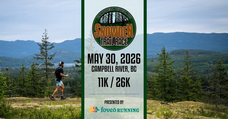 Snowden Trail Race banner for May 30, 2026 in Campbell River BC with trail runner in blue shorts on forest path