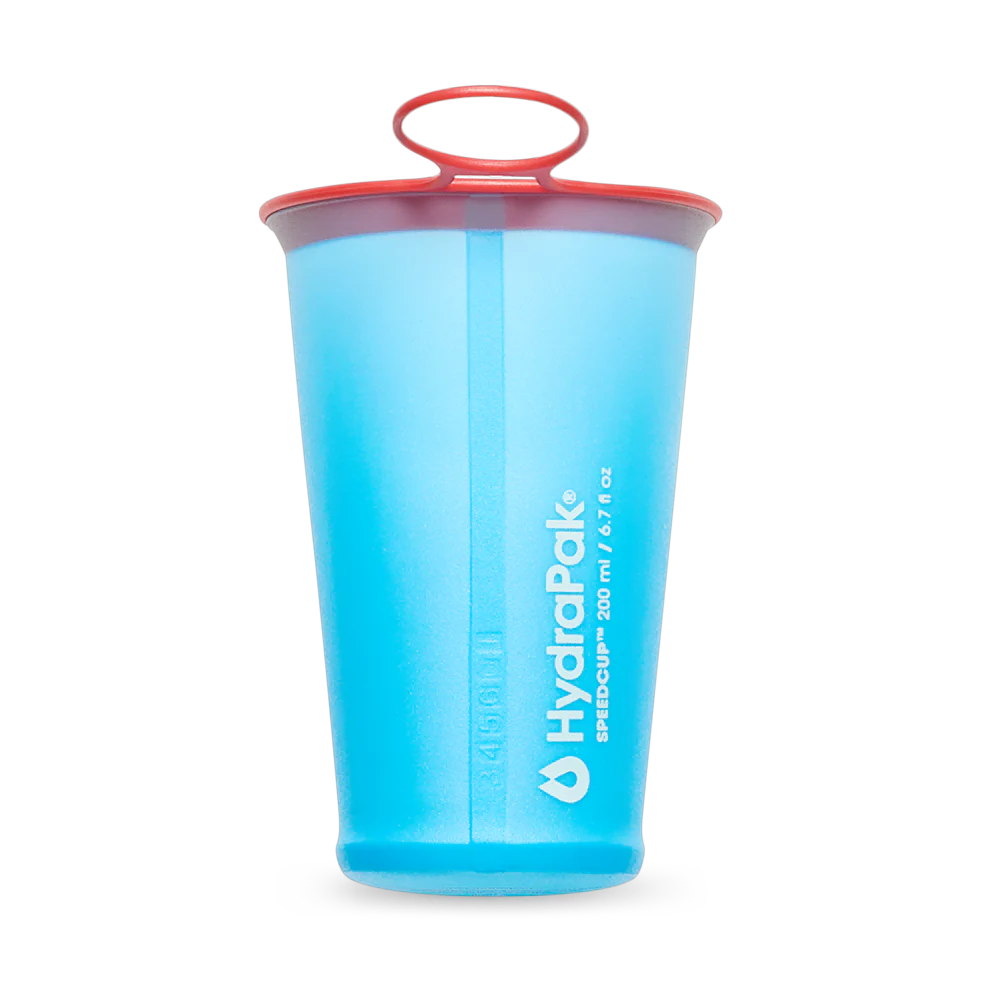 SpeedCup 2-Pack by Hydrapak in blue and red, lightweight collapsible reusable hydration cups for outdoor running and backpacking