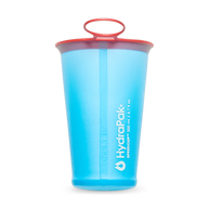 SpeedCup 2-Pack by Hydrapak in blue and red, lightweight collapsible reusable hydration cups for outdoor running and backpacking