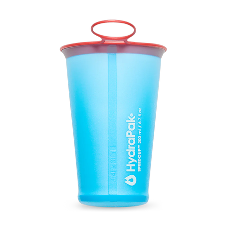 SpeedCup 2-Pack by Hydrapak in blue and red, lightweight collapsible reusable hydration cups for outdoor running and backpacking