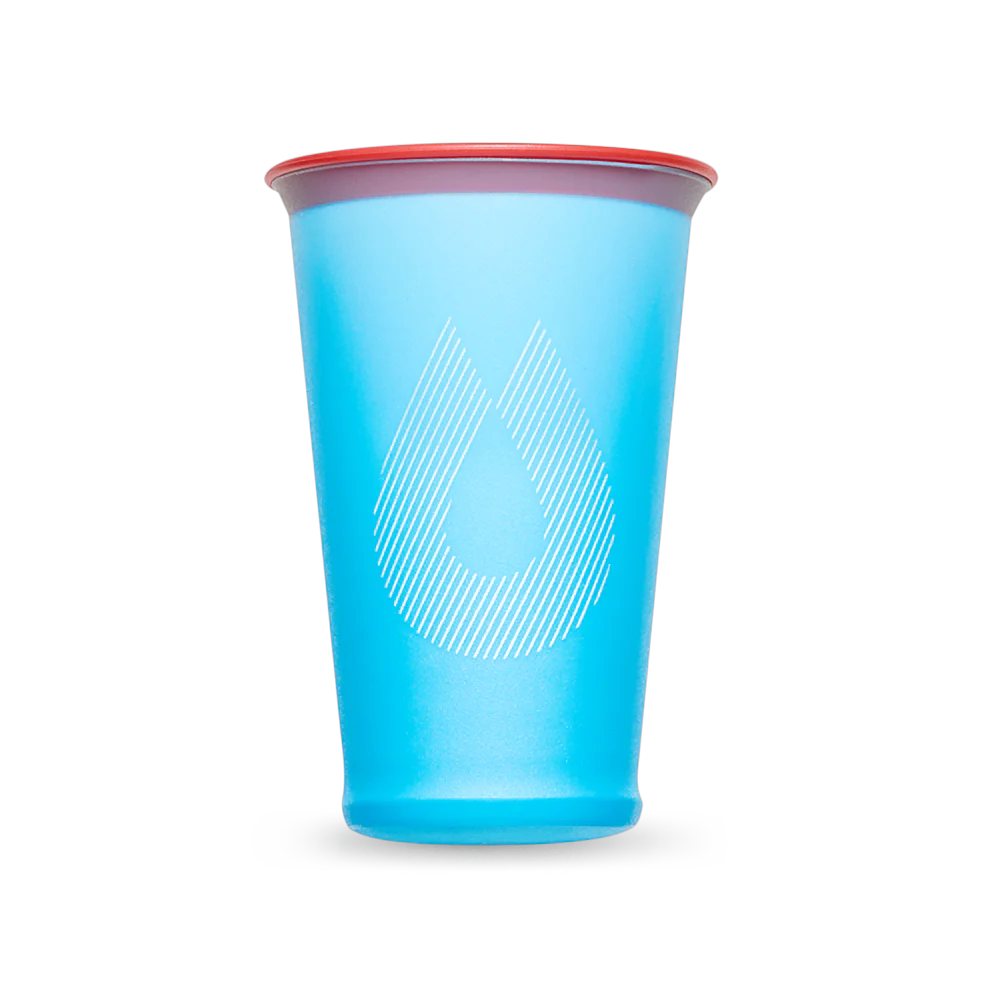 SpeedCup 2-Pack by Hydrapak in blue with red rim, lightweight reusable collapsible cups for hydration during running and outdoor activities