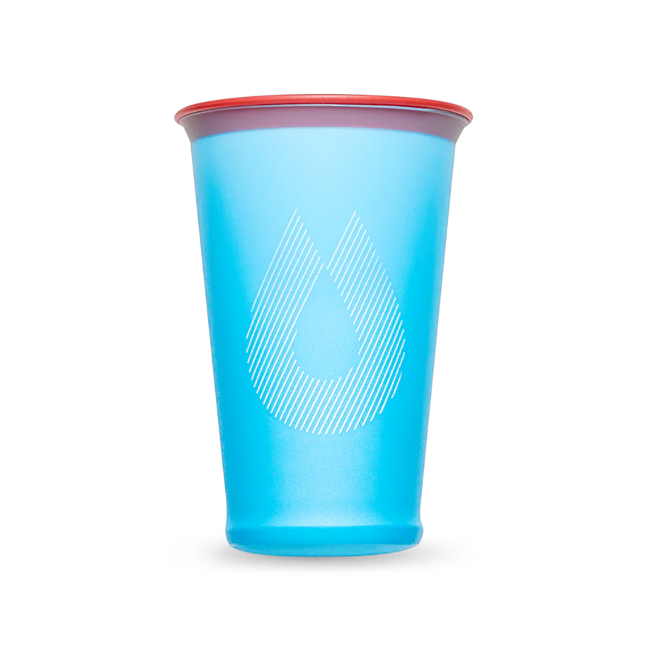SpeedCup 2-Pack by Hydrapak in blue with red rim, lightweight reusable collapsible cups for hydration during running and outdoor activities